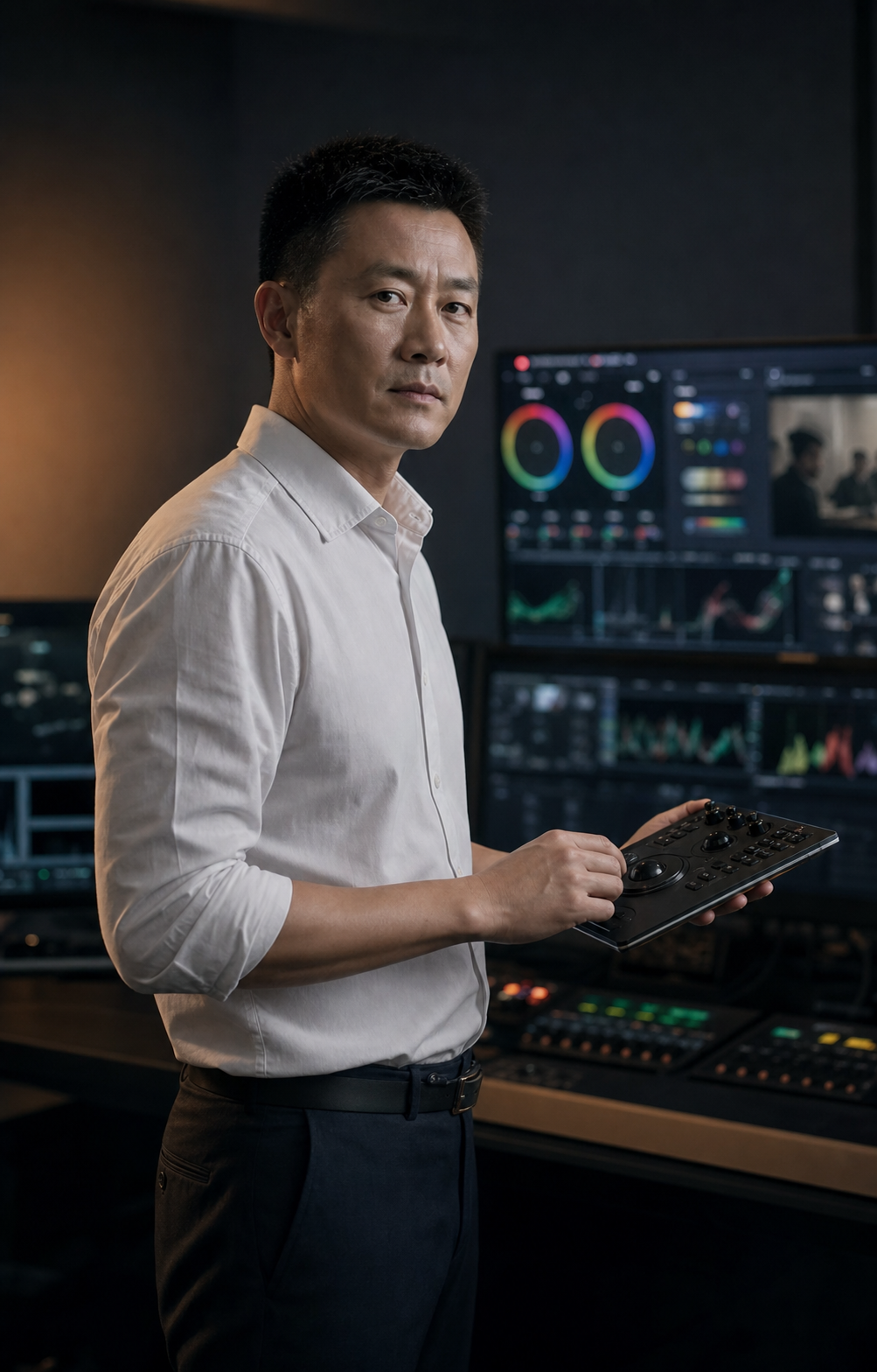导演梅厚丰在调色工作室中的肖像