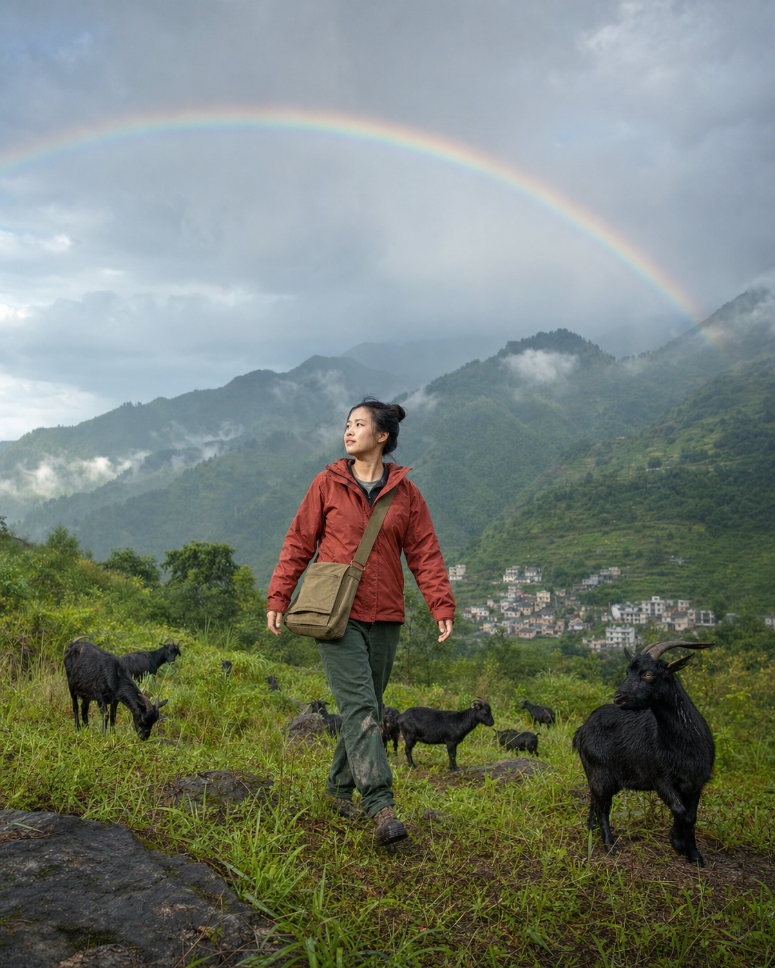 雨后彩虹下，穿红色户外服的返乡女大学生走在黑山羊环绕的草坡上